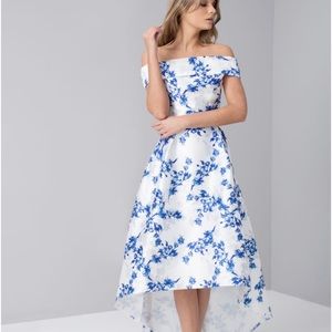 Off the shoulder blue and white floral party dress